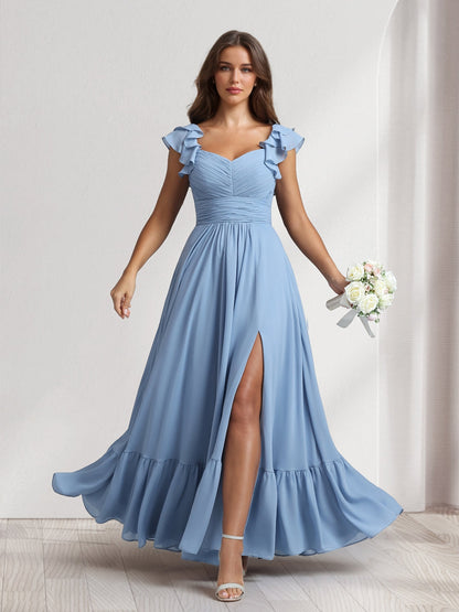 Robes de demoiselle d'honneur coupe trapèze/princesse, col en V, longueur cheville, avec volants et fente latérale