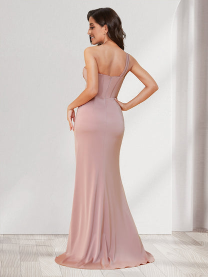 Robes de demoiselle d'honneur trompette/sirène, une épaule, longueur au sol, froncées, avec fente latérale