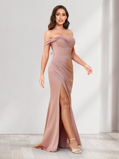 Robes de demoiselle d'honneur trompette/sirène, une épaule, longueur au sol, froncées, avec fente latérale