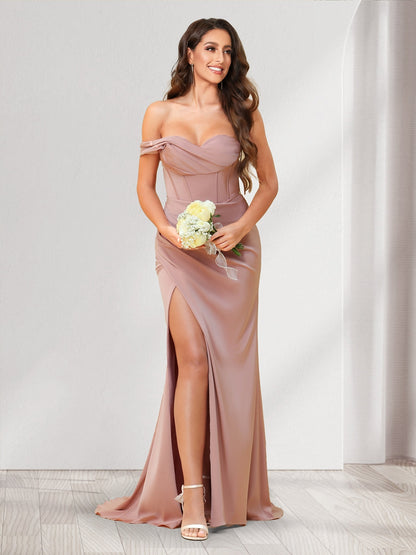 Robes de demoiselle d'honneur trompette/sirène, une épaule, longueur au sol, froncées, avec fente latérale