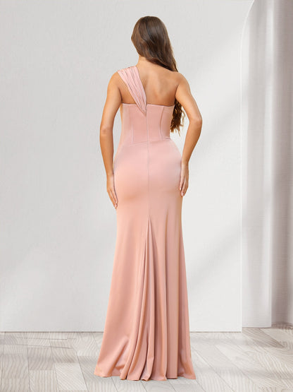 Robes de demoiselle d'honneur fourreau/colonne, une épaule, longueur au sol, froncées, avec fente latérale