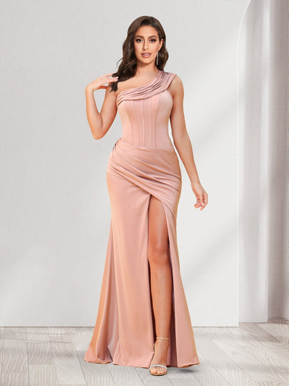 Robes de demoiselle d'honneur fourreau/colonne, une épaule, longueur au sol, froncées, avec fente latérale