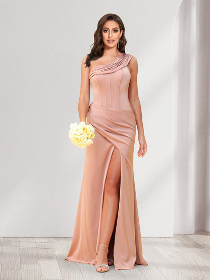 Robes de demoiselle d'honneur fourreau/colonne, une épaule, longueur au sol, froncées, avec fente latérale