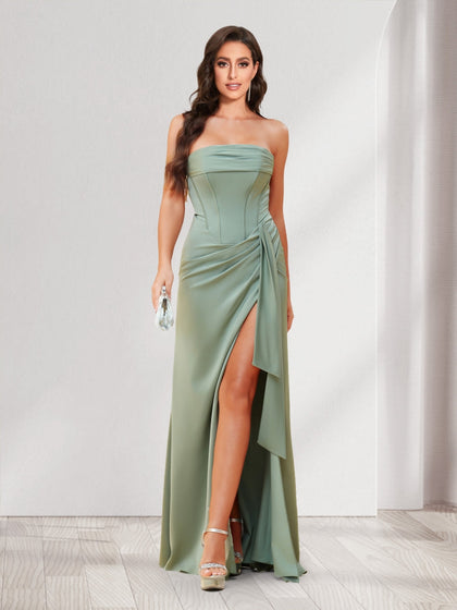 Robes de demoiselle d'honneur fourreau/colonne, bustier, longueur au sol, avec fente latérale et volants