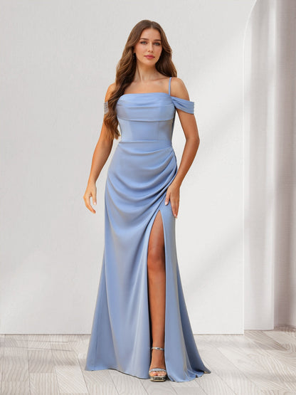 Robes de demoiselle d'honneur fourreau/colonne, épaules dénudées, longueur au sol, avec fente latérale