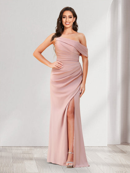 Robes de demoiselle d'honneur fourreau/colonne, une épaule, longueur au sol, froncées, avec fente latérale