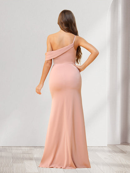 Robes de demoiselle d'honneur fourreau/colonne, une épaule, longueur au sol, froncées, avec fente latérale