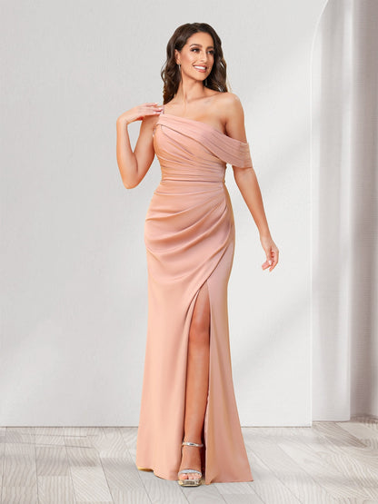 Robes de demoiselle d'honneur fourreau/colonne, une épaule, longueur au sol, froncées, avec fente latérale