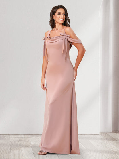 Robes de demoiselle d'honneur fourreau/colonne, épaules dénudées, longueur au sol, avec nœuds