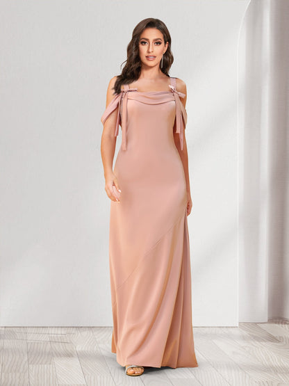 Robes de demoiselle d'honneur fourreau/colonne, épaules dénudées, longueur au sol, avec nœuds
