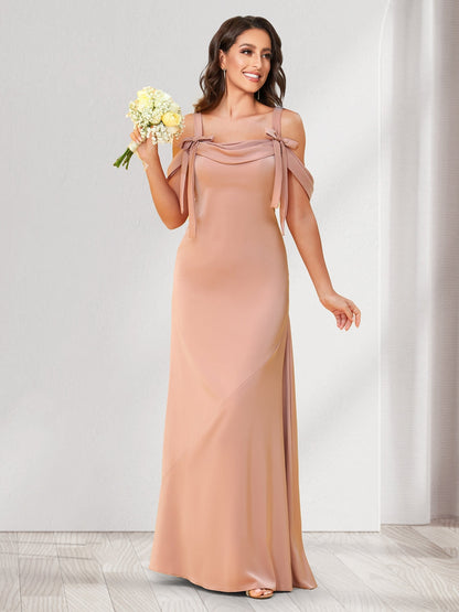 Robes de demoiselle d'honneur fourreau/colonne, épaules dénudées, longueur au sol, avec nœuds