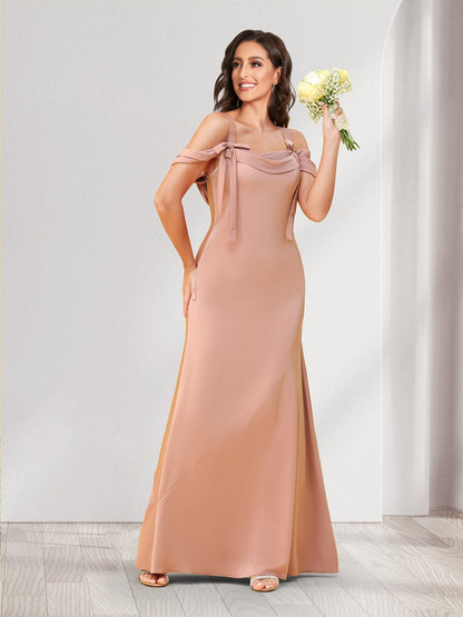 Robes de demoiselle d'honneur fourreau/colonne, épaules dénudées, longueur au sol, avec nœuds