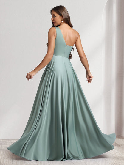 Robes de demoiselle d'honneur coupe trapèze/princesse, une épaule, longueur ras du sol, avec poches