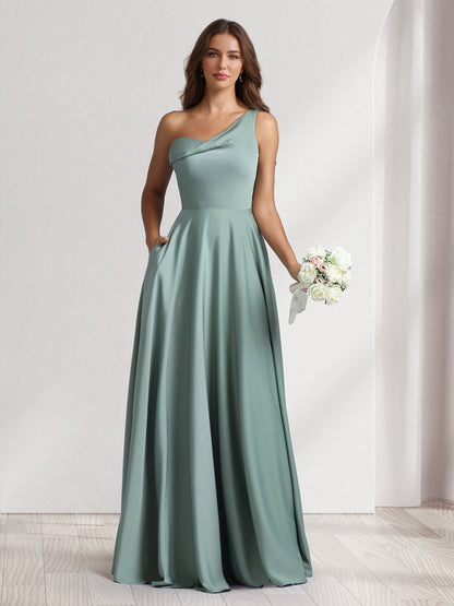 Robes de demoiselle d'honneur coupe trapèze/princesse, une épaule, longueur ras du sol, avec poches