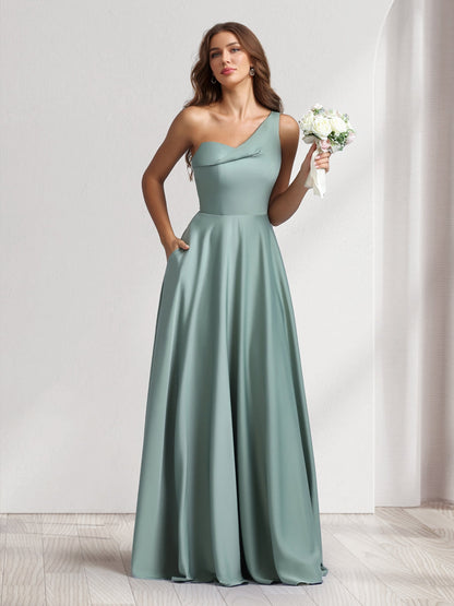 Robes de demoiselle d'honneur coupe trapèze/princesse, une épaule, longueur ras du sol, avec poches