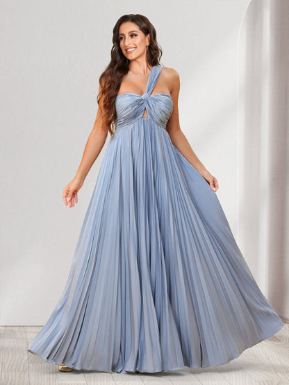 Robes de demoiselle d'honneur coupe trapèze/princesse, une épaule, longueur au sol, avec plis