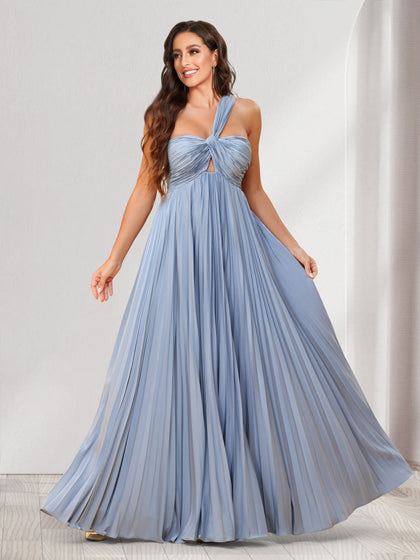 Robes de demoiselle d'honneur coupe trapèze/princesse, une épaule, longueur au sol, avec plis