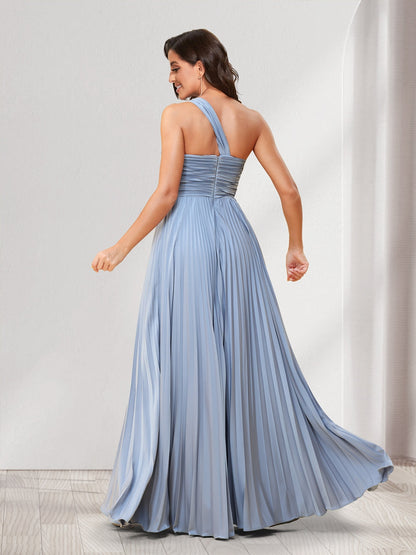 Robes de demoiselle d'honneur coupe trapèze/princesse, une épaule, longueur au sol, avec plis