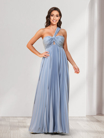 Robes de demoiselle d'honneur coupe trapèze/princesse, une épaule, longueur au sol, avec plis