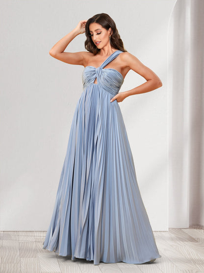 Robes de demoiselle d'honneur coupe trapèze/princesse, une épaule, longueur au sol, avec plis