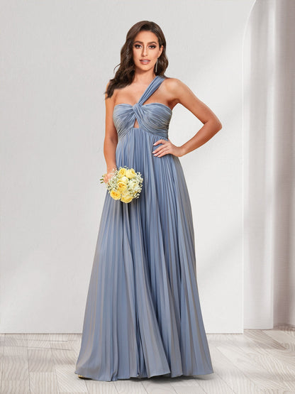 Robes de demoiselle d'honneur coupe trapèze/princesse, une épaule, longueur au sol, avec plis