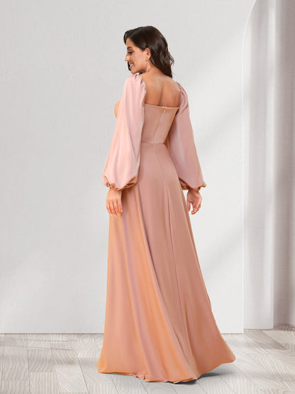 Robes de demoiselle d'honneur coupe trapèze/princesse, col cœur, manches longues, longueur au sol, froncées, avec fente latérale