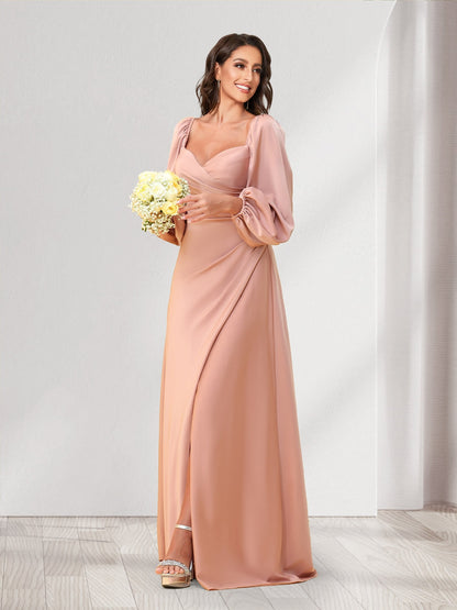 Robes de demoiselle d'honneur coupe trapèze/princesse, col cœur, manches longues, longueur au sol, froncées, avec fente latérale