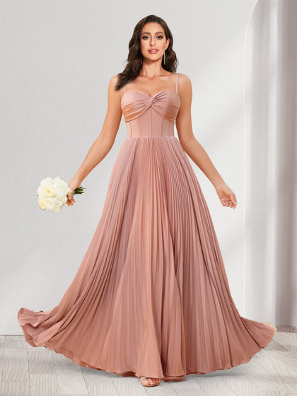 Robes de demoiselle d'honneur coupe trapèze/princesse, fines bretelles, longueur au sol, avec plis