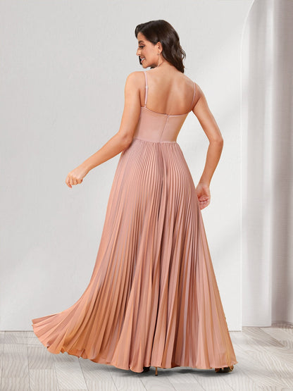 Robes de demoiselle d'honneur coupe trapèze/princesse, fines bretelles, longueur au sol, avec plis