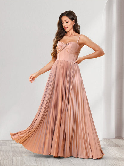 Robes de demoiselle d'honneur coupe trapèze/princesse, fines bretelles, longueur au sol, avec plis