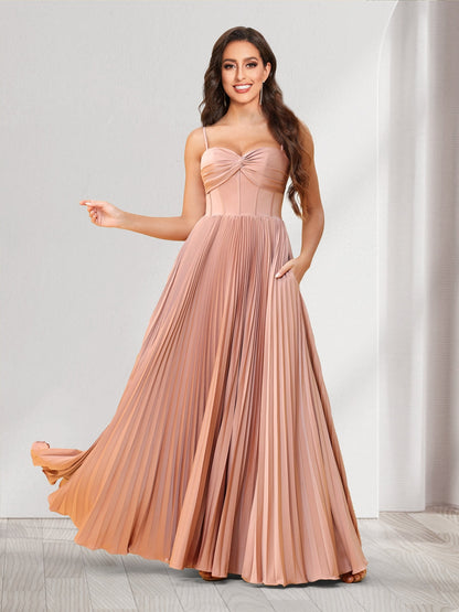 Robes de demoiselle d'honneur coupe trapèze/princesse, fines bretelles, longueur au sol, avec plis