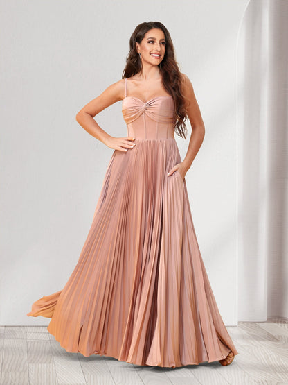 Robes de demoiselle d'honneur coupe trapèze/princesse, fines bretelles, longueur au sol, avec plis