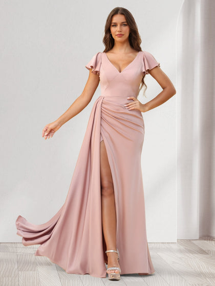 Robes de demoiselle d'honneur fourreau/colonne, col en V, longueur au sol, froncées, avec volants et fente latérale