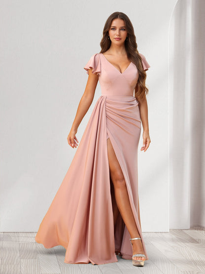 Robes de demoiselle d'honneur fourreau/colonne, col en V, longueur au sol, froncées, avec volants et fente latérale