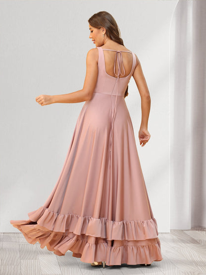 Robes de demoiselle d'honneur coupe trapèze/princesse, col carré, longueur au sol, avec volants et fente latérale