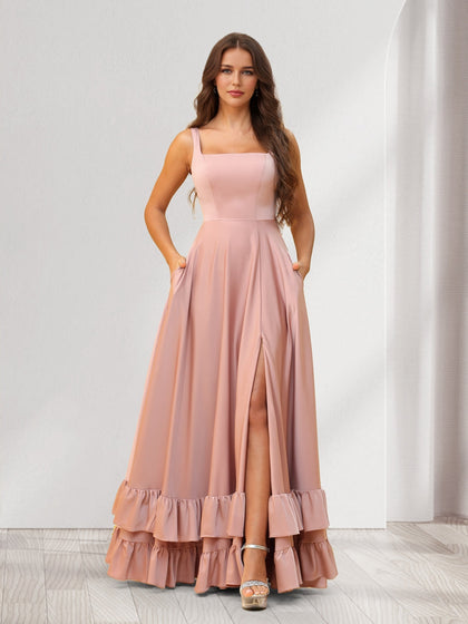 Robes de demoiselle d'honneur coupe trapèze/princesse, col carré, longueur au sol, avec volants et fente latérale