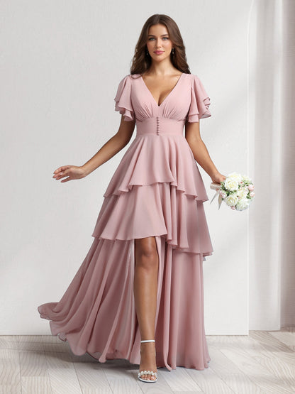 Robes de demoiselle d'honneur coupe trapèze/princesse, col en V, manches courtes, avec volants en cascade et fente latérale