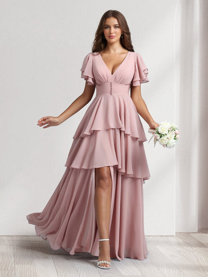 Robes de demoiselle d'honneur coupe trapèze/princesse, col en V, manches courtes, avec volants en cascade et fente latérale