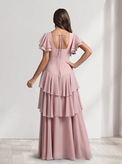 Robes de demoiselle d'honneur coupe trapèze/princesse, col en V, manches courtes, avec volants en cascade et fente latérale