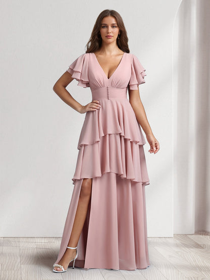 Robes de demoiselle d'honneur coupe trapèze/princesse, col en V, manches courtes, avec volants en cascade et fente latérale