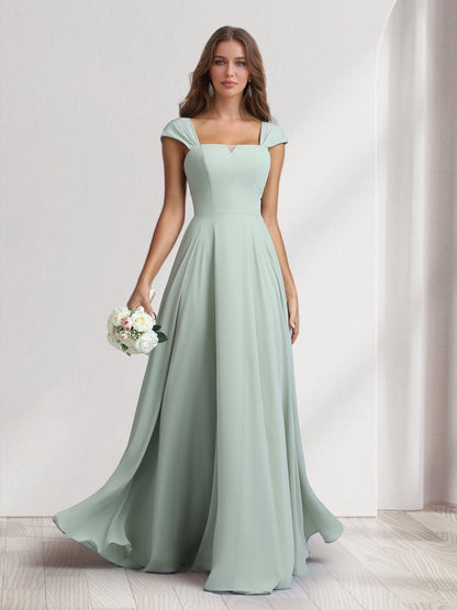 Robes de demoiselle d'honneur coupe trapèze/princesse, col carré, longueur ras du sol, avec poches