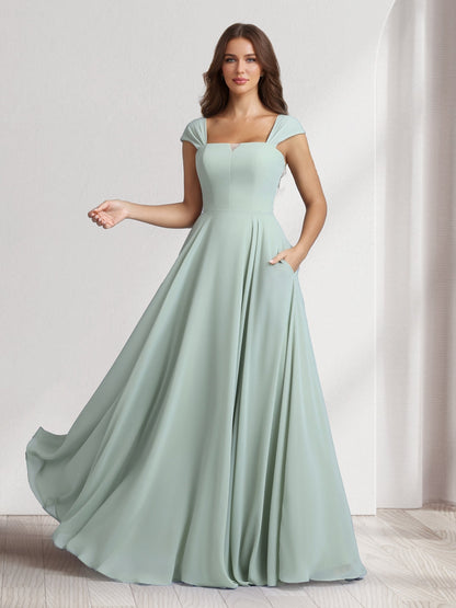 Robes de demoiselle d'honneur coupe trapèze/princesse, col carré, longueur ras du sol, avec poches