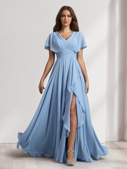 Robes de demoiselle d'honneur coupe trapèze/princesse, col en V, manches courtes, avec volants et fente latérale