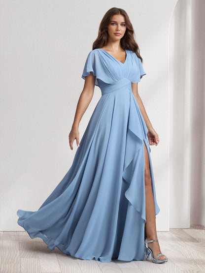 Robes de demoiselle d'honneur coupe trapèze/princesse, col en V, manches courtes, avec volants et fente latérale
