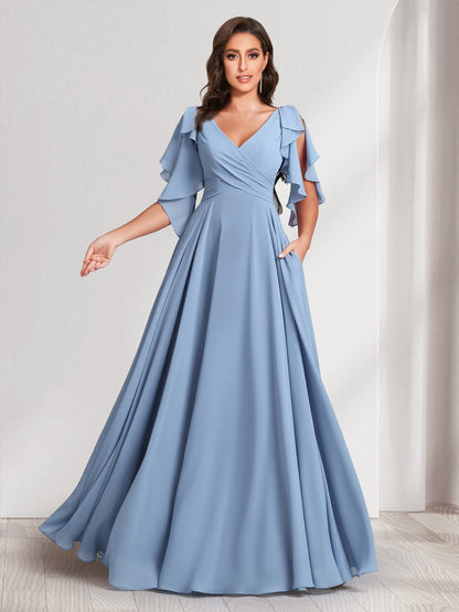 Robes de demoiselle d'honneur coupe trapèze/princesse, col en V, manches courtes, longues, avec volants et ceinture