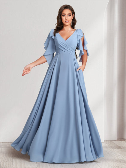 Robes de demoiselle d'honneur coupe trapèze/princesse, col en V, manches courtes, longues, avec volants et ceinture