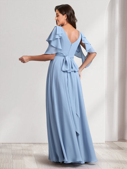 Robes de demoiselle d'honneur coupe trapèze/princesse, col en V, manches courtes, longues, avec volants et ceinture