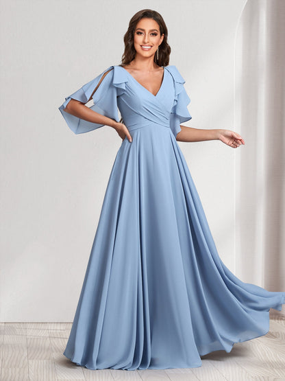 Robes de demoiselle d'honneur coupe trapèze/princesse, col en V, manches courtes, longues, avec volants et ceinture