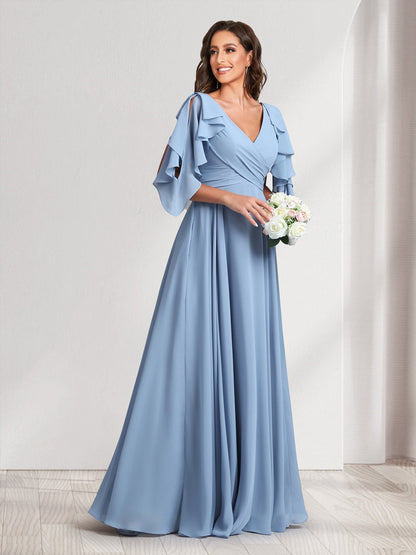 Robes de demoiselle d'honneur coupe trapèze/princesse, col en V, manches courtes, longues, avec volants et ceinture