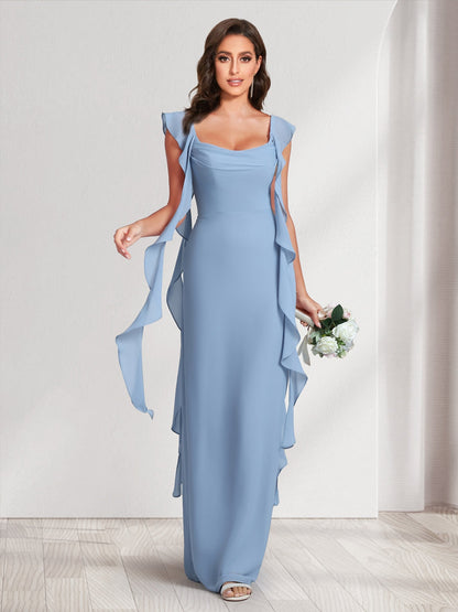 Robes de demoiselle d'honneur fourreau/colonne, col rond, longueur ras du sol, avec bretelles à volants